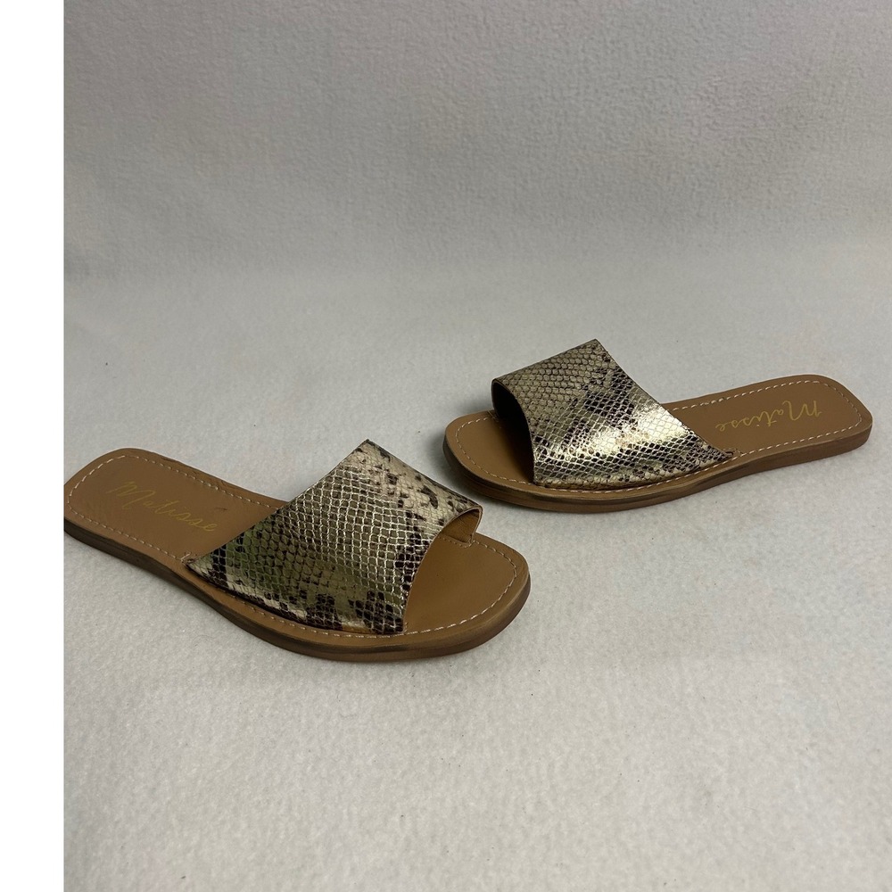 Matisse Sage Snakeskin Slide Sandals Womens 8M Gold Leather Flat Slip On